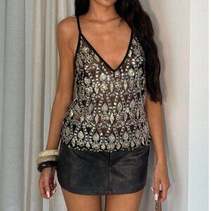Sequin Sparkling Black Mesh Cami Top Black